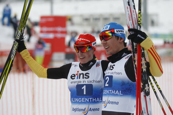 26.01.2013, Klingenthal, Germany (GER): l-r: Eric Frenzel (GER), Fischer, Salomon, adidas, Tino Edelmann (GER), Elan, Madshus, Rottefella, adidas - FIS world cup nordic combined, individual gundersen HS140/10km, Klingenthal (GER). www.nordicfocus.com. © NordicFocus