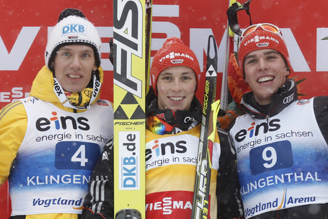 27.01.2013, Klingenthal, Germany (GER): podium, l-r: Tino Edelmann (GER), Elan, Madshus, Rottefella, adidas, Eric Frenzel (GER), Fischer, Salomon, adidas, Johannes Rydzek (GER), Fischer, Rottefella, Swix, adidas- FIS world cup nordic combined, penalty HS NordicFocus 27.01.2013, Klingenthal, Germany (GER): podium, l-r: Tino Edelmann (GER), Elan, Madshus, Rottefella, adidas, Eric Frenzel (GER), Fischer, Salomon, adidas, Johannes Rydzek (GER), Fischer, Rottefella, Swix, adidas- FIS world cup nordic combined, penalty HS