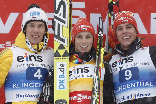 27.01.2013, Klingenthal, Germany (GER): podium, l-r: Tino Edelmann (GER), Elan, Madshus, Rottefella, adidas, Eric Frenzel (GER), Fischer, Salomon, adidas, Johannes Rydzek (GER), Fischer, Rottefella, Swix, adidas- FIS world cup nordic combined, penalty HS NordicFocus