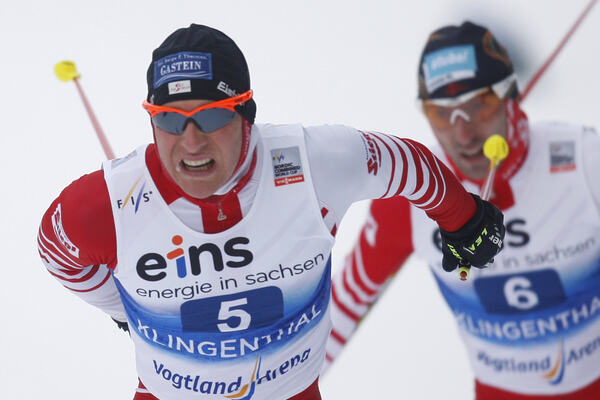 26.01.2013, Klingenthal, Germany (GER): r-l: Wilhelm Denifl (AUT), Salomon, Leki, Bernhard Gruber (AUT), Fischer, Rottefella - FIS world cup nordic combined, individual gundersen HS140/10km, Klingenthal (GER). www.nordicfocus.com. © Domanski/NordicFocus. NordicFocus