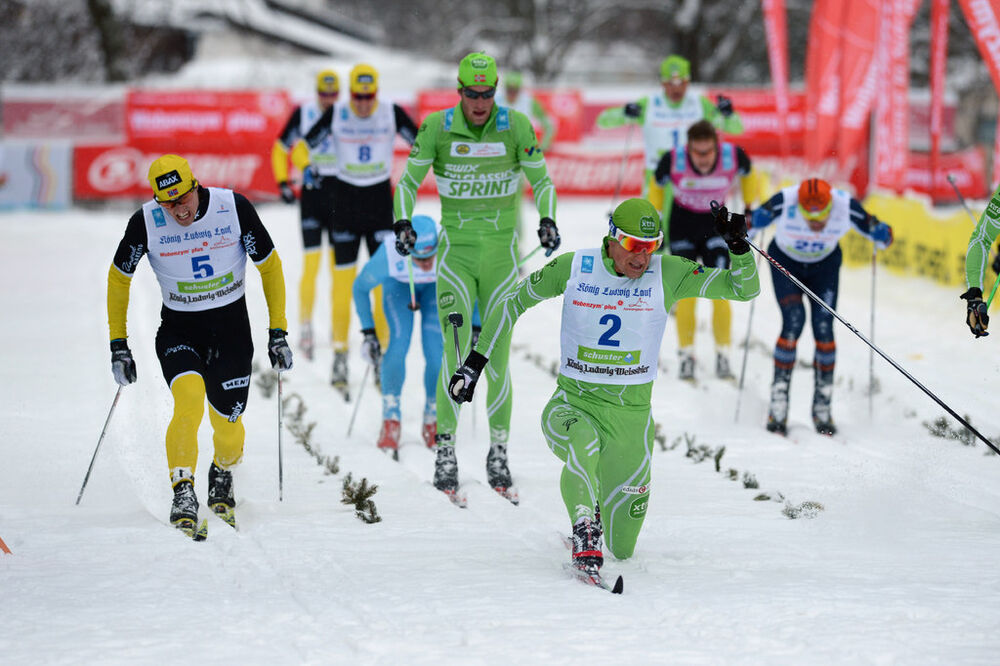 03.02.2013, Oberammergau, Germany (GER): Finish l-r: Kjetil Dammen (NOR), Jerry Ahrlin (SWE) - FIS Marathon Cup Koenig Ludwig Lauf, Oberammergau (GER). www.nordicfocus.com. © Rauschendorfer/NordicFocus. Every downloaded picture is fee-liable.