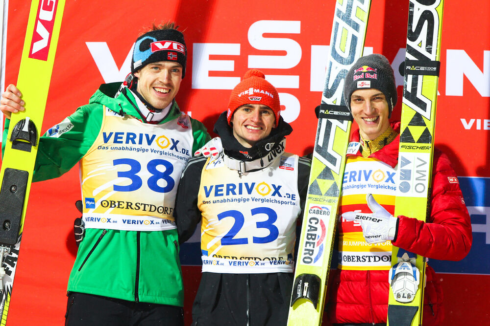 16.02.2013, Oberstdorf, Germany (GER): (l-r) Andreas Stjernen (NOR), Fischer, Richard Freitag (GER), Fischer and Gregor Schlierenzauer (AUT), Fischer - FIS world cup ski flying, individual HS213, Oberstdorf (GER). www.nordicfocus.com. © Laiho/NordicFocu