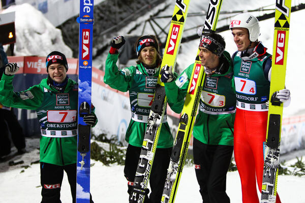 17.02.2013, Oberstdorf, Germany (GER): (l-r) Anders Jacobsen (NOR), Fluege.de, Tom Hilde (NOR), Fischer, Anders Bardal (NOR), Fischer and Andreas Stjernen (NOR), Fischer - FIS world cup ski flying, team HS213, Oberstdorf (GER). www.nordicfocus.com. © La NordicFocus