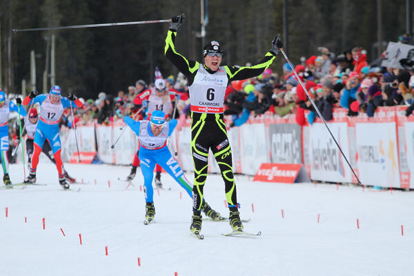 16.12.2012, Canmore, Canada (CAN): Maurice Manificat (FRA), Fischer, Swix, Rottefella, One Way followed by Roland Clara (ITA), Fischer, Swix, Rottefella - FIS world cup cross-country, skiathlon men, Canmore (CAN). www.nordicfocus.com. © Roycroft/NordicF NordicFocus