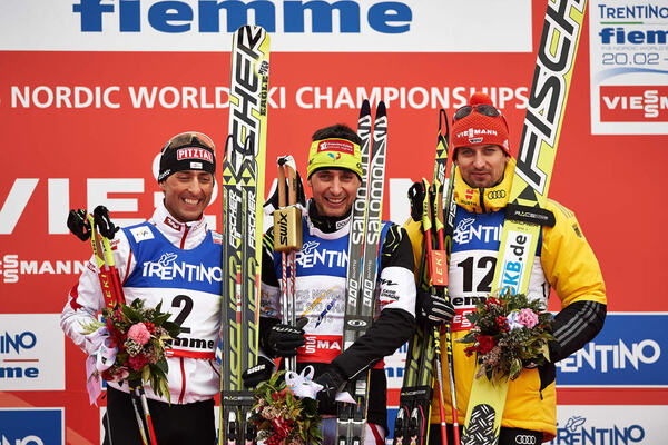 22.02.2013, Val di Fiemme, Italy (ITA): Mario Stecher (AUT), Jason Lamy Chappuis (FRA), Bjoern Kircheisen (GER)- FIS nordic world ski championships, nordic combined, individual gundersen HS106/10km, Val di Fiemme (ITA). www.nordicfocus.com. © Felgenhaue NordicFocus
