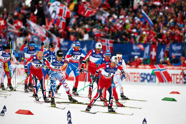 23.02.2013, Val di Fiemme, Italy (ITA): l-r: Tord Asle Gjerdalen (NOR), Jean Marc Gaillard (FRA), Petter Northug (NOR), Sjur Roethe (NOR)- FIS nordic world ski championships, cross-country, skiathlon men, Val di Fiemme (ITA). www.nordicfocus.com. © Fel NordicFocus