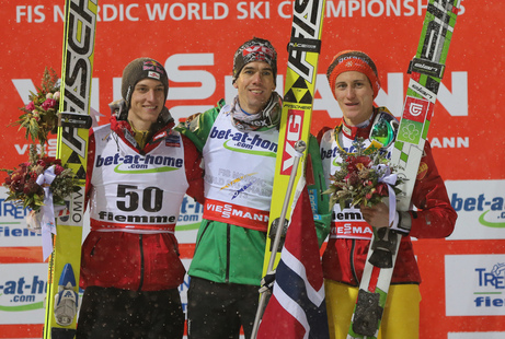 23.02.2013, Val di Fiemme, Italy (ITA): (l-r) Gregor Schlierenzauer (AUT), Fischer, Anders Bardal (NOR), Fischer and Peter Prevc (SLO) - FIS nordic world ski championships, ski jumping, individual HS106, Val di Fiemme (ITA). www.nordicfocus.com. © Laiho
