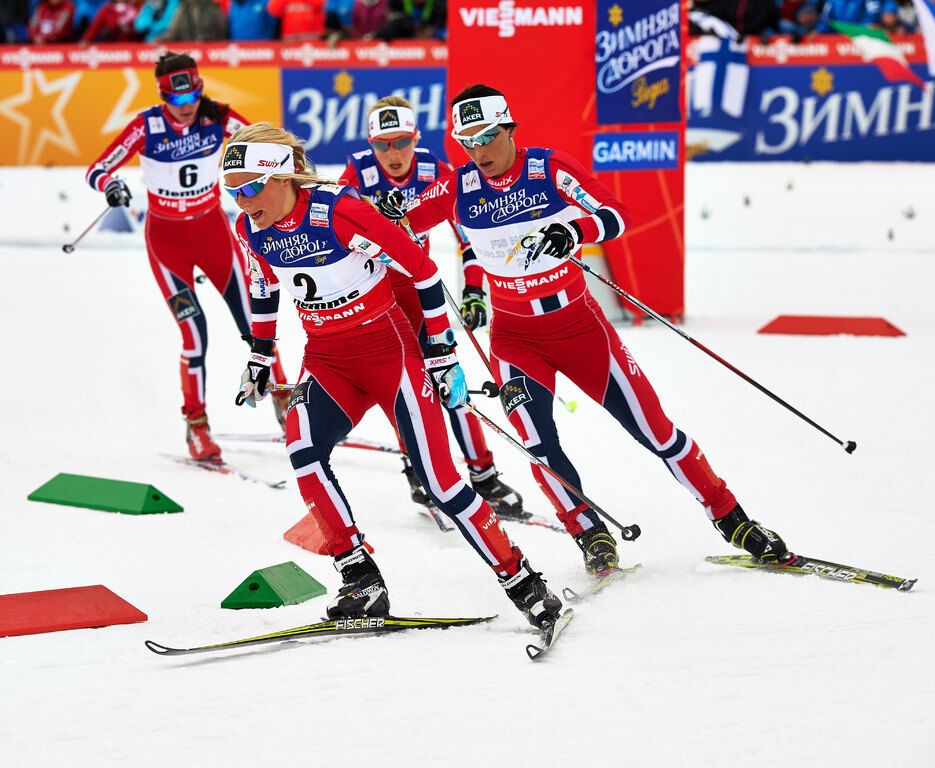 23.02.2013, Val di Fiemme, Italy (ITA): l-r: Heidi Weng (NOR), Therese Johaug (NOR), Kristin Stoermer Steira (NOR), Marit Bjoergen (NOR)- FIS nordic world ski championships, cross-country, skiathlon women, Val di Fiemme (ITA). www.nordicfocus.com. © Fel NordicFocus 23.02.2013, Val di Fiemme, Italy (ITA): l-r: Heidi Weng (NOR), Therese Johaug (NOR), Kristin Stoermer Steira (NOR), Marit Bjoergen (NOR)- FIS nordic world ski championships, cross-country, skiathlon women, Val di Fiemme (ITA). www.nordicfocus.com. © Fel