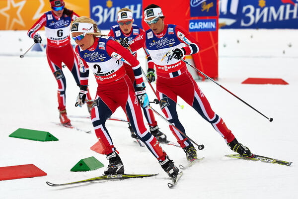 23.02.2013, Val di Fiemme, Italy (ITA): l-r: Heidi Weng (NOR), Therese Johaug (NOR), Kristin Stoermer Steira (NOR), Marit Bjoergen (NOR)- FIS nordic world ski championships, cross-country, skiathlon women, Val di Fiemme (ITA). www.nordicfocus.com. © Fel NordicFocus