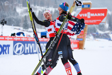 24.02.2013, Val di Fiemme, Italy (ITA): (l-r) Jessica Diggins (USA), Salomon, One Way and Kikkan Randall (USA), Fischer, Swix, Salomon - FIS nordic world ski championships, cross-country, team sprint, Val di Fiemme (ITA). www.nordicfocus.com. © Laiho/No NordicFocus 24.02.2013, Val di Fiemme, Italy (ITA): (l-r) Jessica Diggins (USA), Salomon, One Way and Kikkan Randall (USA), Fischer, Swix, Salomon - FIS nordic world ski championships, cross-country, team sprint, Val di Fiemme (ITA). www.nordicfocus.com. © Laiho/No