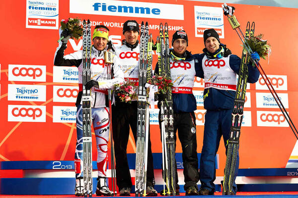 24.02.2013, Val di Fiemme, Italy (ITA): l-r: Jason Lamy Chappuis (FRA), Sebastien Lacroix (FRA), Francois Braud (FRA), Maxime Laheurte (FRA)- FIS nordic world ski championships, nordic combined, team HS106/4x5km, Val di Fiemme (ITA). www.nordicfocus.com. NordicFocus