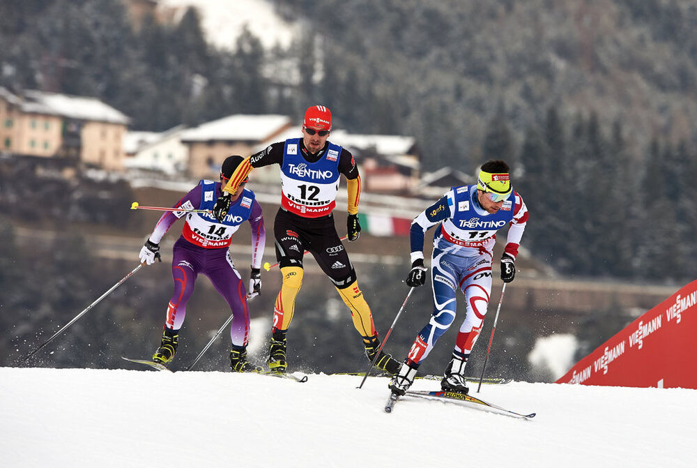 22.02.2013, Val di Fiemme, Italy (ITA): l-r: Akito Watabe (JPN), Bjoern Kircheisen (GER), Jason Lamy Chappuis (FRA)- FIS nordic world ski championships, nordic combined, individual gundersen HS106/10km, Val di Fiemme (ITA). www.nordicfocus.com. © Felgen