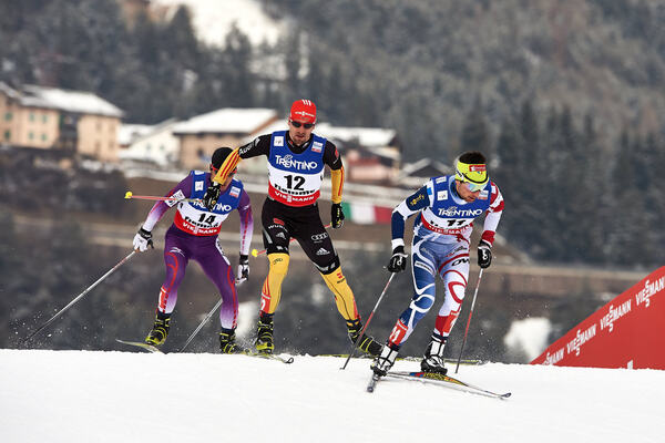 22.02.2013, Val di Fiemme, Italy (ITA): l-r: Akito Watabe (JPN), Bjoern Kircheisen (GER), Jason Lamy Chappuis (FRA)- FIS nordic world ski championships, nordic combined, individual gundersen HS106/10km, Val di Fiemme (ITA). www.nordicfocus.com. © Felgen NordicFocus
