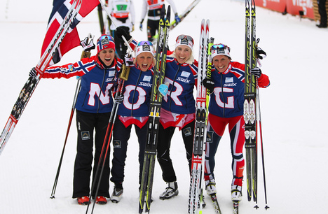28.02.2013, Val di Fiemme, Italy (ITA): (l-r) Heidi Weng (NOR), Madshus, Swix, Alpina, Rottefella, Therese Johaug (NOR), Fischer, Swix, Salomon, Kristin Steira (NOR), Madshus, One Way, Salomon, Swix and Marit Bjoergen (NOR), Fischer, Swix, Rottefella - F NordicFocus 28.02.2013, Val di Fiemme, Italy (ITA): (l-r) Heidi Weng (NOR), Madshus, Swix, Alpina, Rottefella, Therese Johaug (NOR), Fischer, Swix, Salomon, Kristin Steira (NOR), Madshus, One Way, Salomon, Swix and Marit Bjoergen (NOR), Fischer, Swix, Rottefella - F