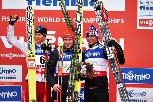 28.02.2013, Val di Fiemme, Italy (ITA): l-r: Bernhard Gruber (AUT), Eric Frenzel (GER), Jason Lamy Chappuis (FRA)- FIS nordic world ski championships, nordic combined, individual gundersen HS134/10km, Val di Fiemme (ITA). www.nordicfocus.com. © Felgenha NordicFocus