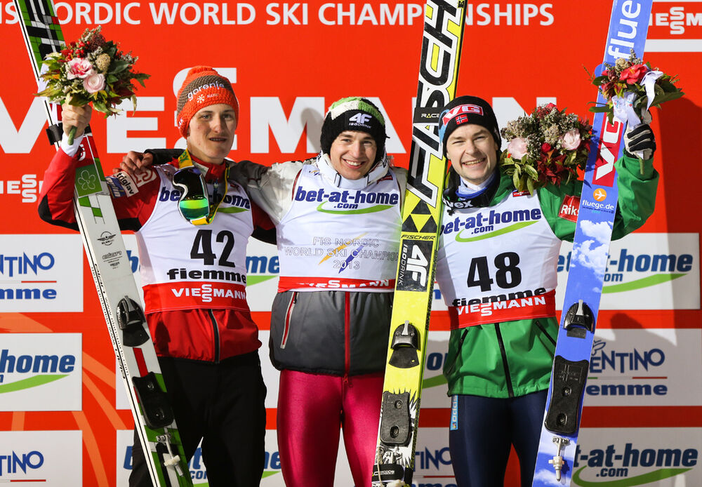 28.02.2013, Val di Fiemme, Italy (ITA): (l-r) Peter Prevc (SLO), Kamil Stoch (POL), Fischer and Anders Jacobsen (NOR), Fluege.de - FIS nordic world ski championships, ski jumping, individual HS134, Val di Fiemme (ITA). www.nordicfocus.com. © Laiho/Nordi