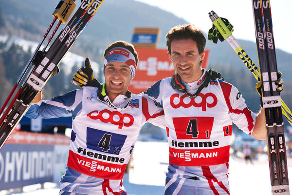 02.03.2013, Val di Fiemme, Italy (ITA): l-r: Jason Lamy Chappuis (FRA), Sebastien Lacroix (FRA)- FIS nordic world ski championships, nordic combined, team sprint HS134/2x7.5km, Val di Fiemme (ITA). www.nordicfocus.com. © Felgenhauer/NordicFocus. Every d NordicFocus