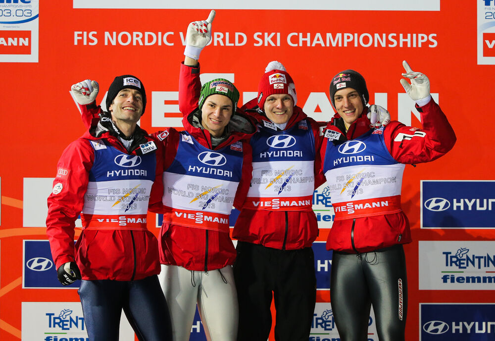 02.03.2013, Val di Fiemme, Italy (ITA): (l-r) Wolfgang Loitzl (AUT), Fluege.de, Manuel Fettner (AUT), Fluege.de, Thomas Morgenstern (AUT), Fischer and Gregor Schlierenzauer (AUT), Fischer- FIS nordic world ski championships, ski jumping, team HS134, Val