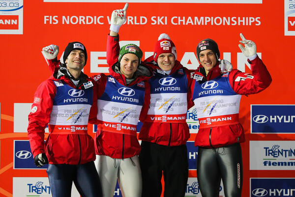 02.03.2013, Val di Fiemme, Italy (ITA): (l-r) Wolfgang Loitzl (AUT), Fluege.de, Manuel Fettner (AUT), Fluege.de, Thomas Morgenstern (AUT), Fischer and Gregor Schlierenzauer (AUT), Fischer- FIS nordic world ski championships, ski jumping, team HS134, Val NordicFocus