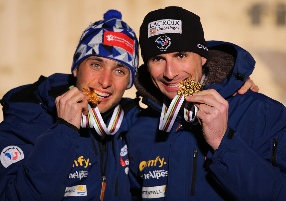 02.03.2013, Val di Fiemme, Italy (ITA): (l-r) Jason Lamy Chappuis (FRA), Salomon, Swix, One Way and Sebastian Lacroix (FRA), Atomic, Salomon, One Way- FIS nordic world ski championships, nordic combined, team sprint HS134/2x7.5km, Val di Fiemme (ITA). ww