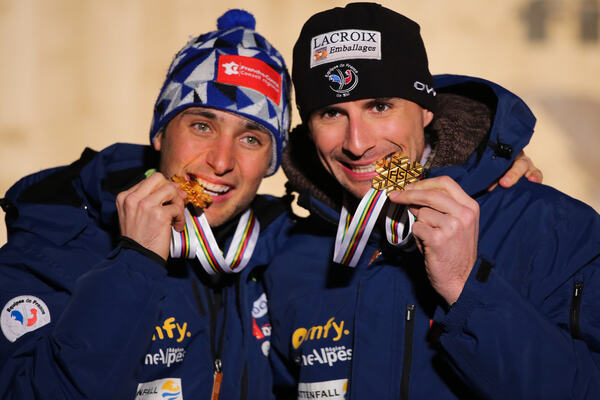 02.03.2013, Val di Fiemme, Italy (ITA): (l-r) Jason Lamy Chappuis (FRA), Salomon, Swix, One Way and Sebastian Lacroix (FRA), Atomic, Salomon, One Way- FIS nordic world ski championships, nordic combined, team sprint HS134/2x7.5km, Val di Fiemme (ITA). ww NordicFocus