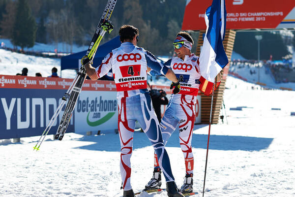 02.03.2013, Val di Fiemme, Italy (ITA): Sebastien Lacroix (FRA), Jason Lamy Chappuis (FRA)- FIS nordic world ski championships, nordic combined, team sprint HS134/2x7.5km, Val di Fiemme (ITA). www.nordicfocus.com. © Felgenhauer/NordicFocus. Every downlo NordicFocus