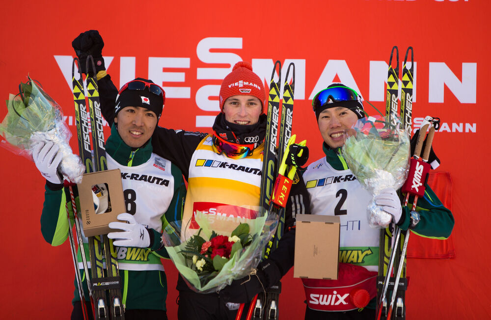 08.03.2013, Lahti, Finland (FIN): (l-r) Akito Watabe (JPN), Fischer, Swix, Rottefella, Eric Frenzel (GER), Fischer, Leki, Salomon, Adidas and Taihei Kato (JPN), Fischer, Swix, Rottefella- FIS world cup nordic combined, individual gundersen HS130/10km, La