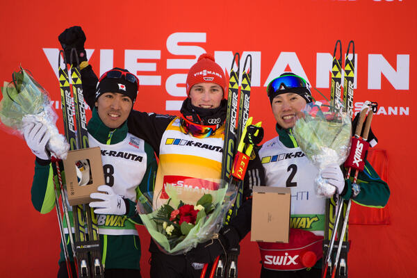 08.03.2013, Lahti, Finland (FIN): (l-r) Akito Watabe (JPN), Fischer, Swix, Rottefella, Eric Frenzel (GER), Fischer, Leki, Salomon, Adidas and Taihei Kato (JPN), Fischer, Swix, Rottefella- FIS world cup nordic combined, individual gundersen HS130/10km, La NordicFocus