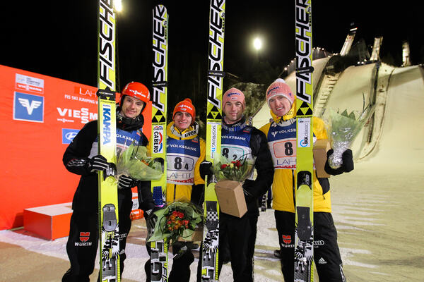 09.03.2013, Lahti, Finland (FIN): (l-r) Andreas Wank (GER), Fischer, Richard Freitag (GER), Fischer, Michael Neumayer (GER), Fischer and Severin Freund (GER), Fischer- FIS world cup ski jumping, team HS130, Lahti (FIN). www.nordicfocus.com. © Laiho/Nord NordicFocus