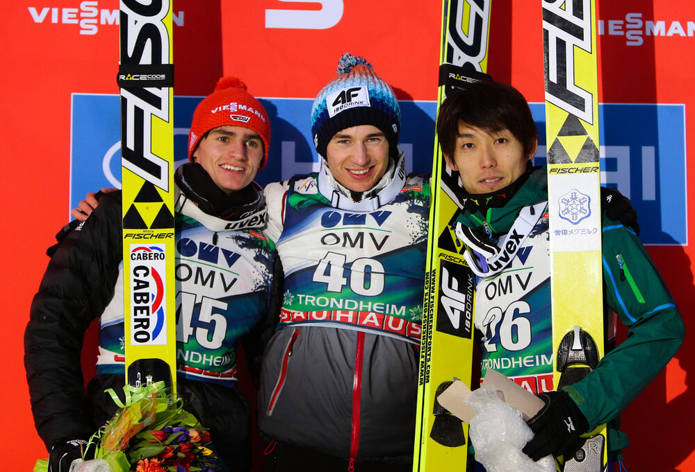 15.03.2013, Trondheim, Norway (NOR): (l-r) Richard Freitag (GER), Fischer, Kamil Stoch (POL), Fischer and Daiki Ito (JPN), Fischer- FIS world cup ski jumping, individual HS140, Trondheim (NOR). www.nordicfocus.com. © Laiho/NordicFocus. Every downloaded