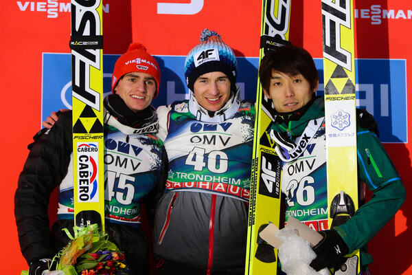 15.03.2013, Trondheim, Norway (NOR): (l-r) Richard Freitag (GER), Fischer, Kamil Stoch (POL), Fischer and Daiki Ito (JPN), Fischer- FIS world cup ski jumping, individual HS140, Trondheim (NOR). www.nordicfocus.com. © Laiho/NordicFocus. Every downloaded NordicFocus