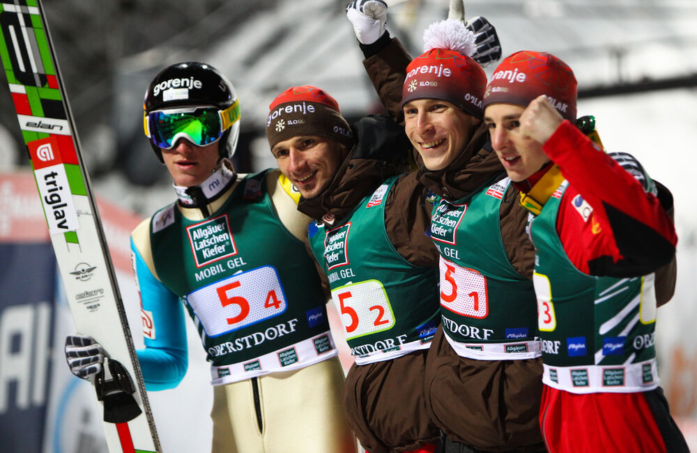 17.02.2013, Oberstdorf, Germany (GER): (l-r) Peter Prevc (SLO), Robert Kranjec (SLO), Fischer, Jurij Tepes (SLO), Fischer and Jaka Hvala (SLO), Elan - FIS world cup ski flying, team HS213, Oberstdorf (GER). www.nordicfocus.com. © Laiho/NordicFocus. Ever