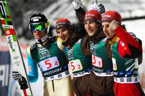 17.02.2013, Oberstdorf, Germany (GER): (l-r) Peter Prevc (SLO), Robert Kranjec (SLO), Fischer, Jurij Tepes (SLO), Fischer and Jaka Hvala (SLO), Elan - FIS world cup ski flying, team HS213, Oberstdorf (GER). www.nordicfocus.com. © Laiho/NordicFocus. Ever NordicFocus