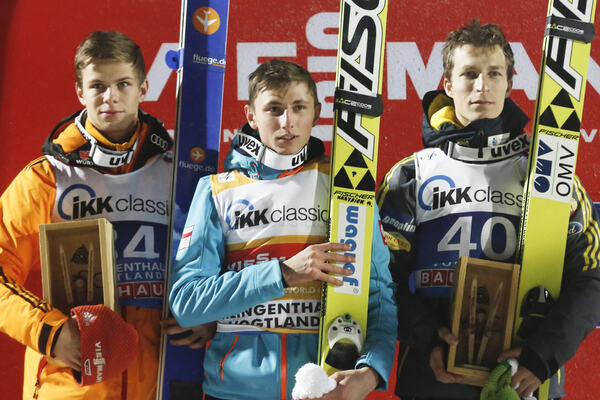 24.11.2013, Klingenthal, Germany (GER): (l-r) Andreas Wellinger (GER), fluege.de , Krzysztof Biegun (POL), Fischer, Jurij Tepes (SLO), Fischer- FIS world cup ski jumping, individual HS140, Klingenthal (GER). www.nordicfocus.com. © Domanski/NordicFocus. NordicFocus