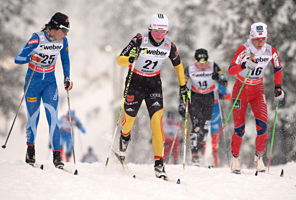 02.12.2012, Kuusamo, Finland (FIN): l-r: Kerttu Niskanen (FIN), Katrin Zeller (GER), Martine Ek Hagen (NOR)- FIS world cup cross-country, pursuit women, Kuusamo (FIN). www.nordicfocus.com. © Felgenhauer/NordicFocus. Every downloaded picture is fee-liabl