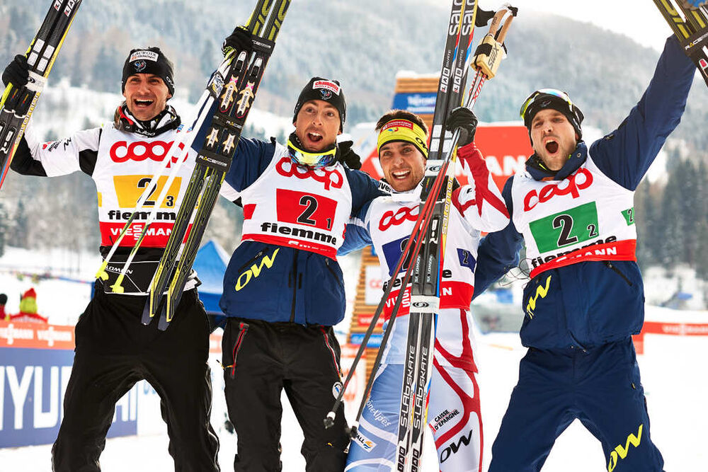 24.02.2013, Val di Fiemme, Italy (ITA): l-r: Sebastien Lacroix (FRA), Francois Braud (FRA), Jason Lamy Chappuis (FRA), Maxime Laheurte (FRA)- FIS nordic world ski championships, nordic combined, team HS106/4x5km, Val di Fiemme (ITA). www.nordicfocus.com.