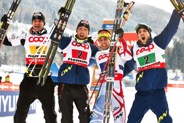 24.02.2013, Val di Fiemme, Italy (ITA): l-r: Sebastien Lacroix (FRA), Francois Braud (FRA), Jason Lamy Chappuis (FRA), Maxime Laheurte (FRA)- FIS nordic world ski championships, nordic combined, team HS106/4x5km, Val di Fiemme (ITA). www.nordicfocus.com. NordicFocus