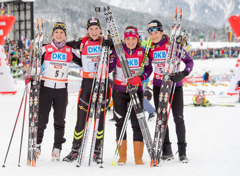 07.12.2013, Hochfilzen, Austria (AUT): Anais Chevalier (FRA), Anais Bescond (FRA), Sophie Boilley (FRA), Marie Laure Brunet (FRA), (l-r)- IBU world cup biathlon, relay women, Hochfilzen (AUT). www.nordicfocus.com. © Wukits/NordicFocus. Every downloaded NordicFocus 07.12.2013, Hochfilzen, Austria (AUT): Anais Chevalier (FRA), Anais Bescond (FRA), Sophie Boilley (FRA), Marie Laure Brunet (FRA), (l-r)- IBU world cup biathlon, relay women, Hochfilzen (AUT). www.nordicfocus.com. © Wukits/NordicFocus. Every downloaded