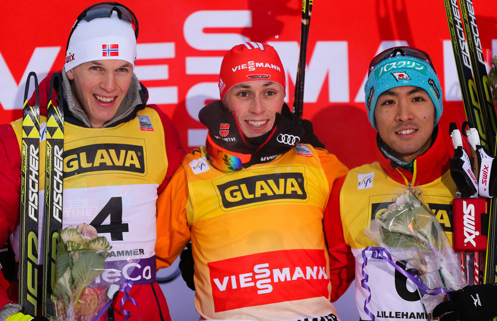 08.12.2013, Lillehammer, Norway (NOR): (l-r) Magnus Krog (NOR), Fischer, Alpina, Rottefella, Swix, Eric Frenzel (GER), Fischer, Leki, Salomon, Adidas and Akito Watabe (JPN), Fischer, Swix, Rottefella- FIS world cup nordic combined, individual gundersen H