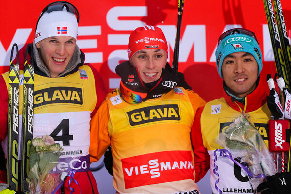 08.12.2013, Lillehammer, Norway (NOR): (l-r) Magnus Krog (NOR), Fischer, Alpina, Rottefella, Swix, Eric Frenzel (GER), Fischer, Leki, Salomon, Adidas and Akito Watabe (JPN), Fischer, Swix, Rottefella- FIS world cup nordic combined, individual gundersen H NordicFocus
