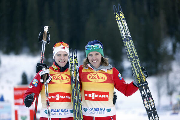 14.12.2013, Ramsau, Austria (AUT): Joergen Graabak (NOR), Mikko Kokslien (NOR)- FIS world cup nordic combined, team sprint HS98/2x7.5km, Ramsau (AUT). www.nordicfocus.com. © Mandl/NordicFocus. Every downloaded picture is fee-liable. NordicFocus