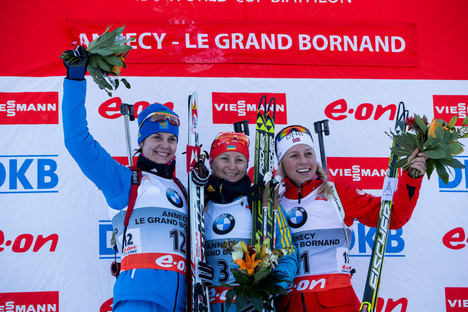 15.12.2013, Annecy-Le Grand Bornand, France (FRA): Irina Starykh (RUS), Valj Semerenko (UKR), Tiril Ekhoff (NOR)- IBU world cup biathlon, pursuit women, Annecy-Le Grand Bornand (FRA). www.nordicfocus.com. © Manzoni/NordicFocus. Every downloaded picture NordicFocus 15.12.2013, Annecy-Le Grand Bornand, France (FRA): Irina Starykh (RUS), Valj Semerenko (UKR), Tiril Ekhoff (NOR)- IBU world cup biathlon, pursuit women, Annecy-Le Grand Bornand (FRA). www.nordicfocus.com. © Manzoni/NordicFocus. Every downloaded picture