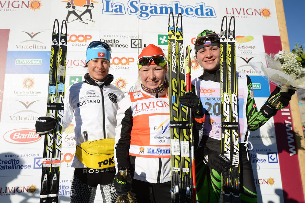 15.12.2013, Livigno, Italy (ITA): l-r: Seraina Boner (SUI), Riita-Liisa Roponen (FIN), Larisa Shaidurova (RUS) - FIS Marathon Cup La Sgambeda, Livigno (ITA). www.nordicfocus.com. © Rauschendorfer/NordicFocus. Every downloaded picture is fee-liable.