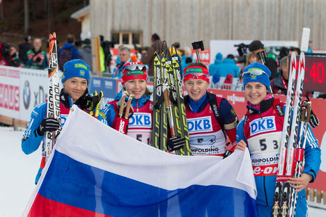 08.01.2014, Ruhpolding, Germany (GER): Olga Zaitseva (RUS), Ekaterina Glazyrina (RUS), Olga Vilukhina (RUS), Irina Starykh (RUS) - IBU world cup biathlon, relay women, Ruhpolding (GER). www.nordicfocus.com. © Manzoni/NordicFocus. Every downloaded pictur NordicFocus 08.01.2014, Ruhpolding, Germany (GER): Olga Zaitseva (RUS), Ekaterina Glazyrina (RUS), Olga Vilukhina (RUS), Irina Starykh (RUS) - IBU world cup biathlon, relay women, Ruhpolding (GER). www.nordicfocus.com. © Manzoni/NordicFocus. Every downloaded pictur