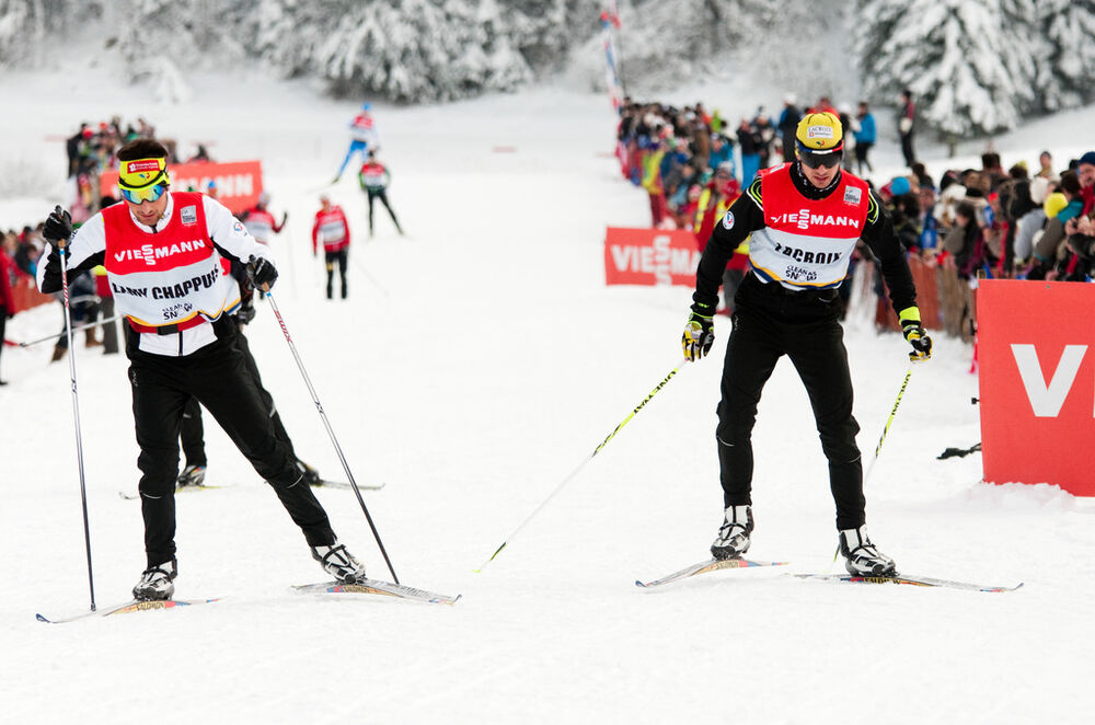13.01.2013, Chaux-Neuve, France (FRA): (l-r) Jason Lamy Chappuis (FRA), Salomon, Swix, One Way and Sebastian Lacroix (FRA), Atomic, Salomon, One Way- FIS world cup nordic combined, team sprint HS118/2x7.5km, Chaux-Neuve (FRA). www.nordicfocus.com. © Bec
