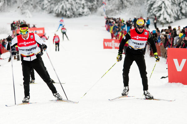 13.01.2013, Chaux-Neuve, France (FRA): (l-r) Jason Lamy Chappuis (FRA), Salomon, Swix, One Way and Sebastian Lacroix (FRA), Atomic, Salomon, One Way- FIS world cup nordic combined, team sprint HS118/2x7.5km, Chaux-Neuve (FRA). www.nordicfocus.com. © Bec NordicFocus