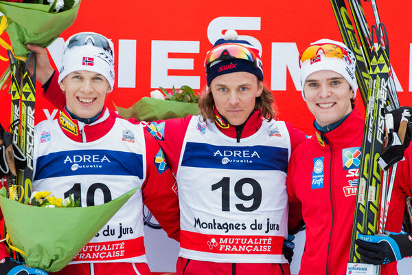 11.01.2014, Chaux-Neuve, France (FRA): (l-r) Magnus Krog (NOR), Fischer, Alpina, Rottefella, Swix, Mikko Kokslien (NOR), Fischer, Swix, Rottefella and Joergen Graabak (NOR), Fischer, Swix, Alpina, Rottefella- FIS world cup nordic combined, individual gun NordicFocus