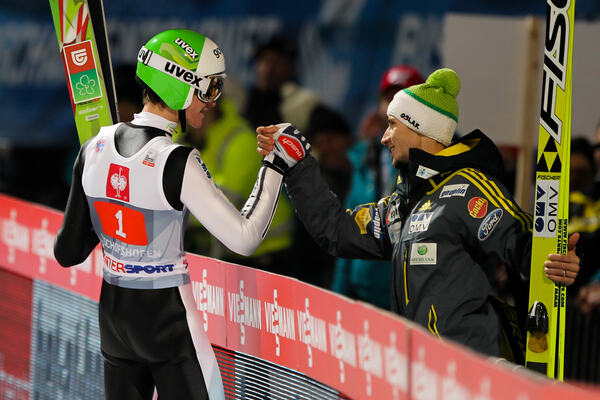 06.01.2014, Bischofshofen, Austria (AUT): (l-r) Peter Prevc (SLO) and Robert Kranjec (SLO), Fischer- FIS world cup ski jumping, four hills tournament, individual HS140, Bischofshofen (AUT). www.nordicfocus.com. © Laiho/NordicFocus. Every downloaded pict NordicFocus