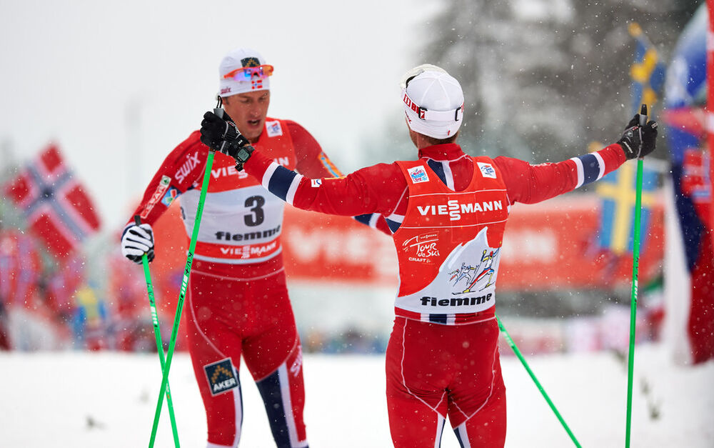 05.01.2014, Val di Fiemme, Italy (ITA): Chris Jespersen (SWE), Martin Johnsrud Sundby (NOR), (l-r)- FIS world cup cross-country, tour de ski, final climb men, Val di Fiemme (ITA). www.nordicfocus.com. © Felgenhauer/NordicFocus. Every downloaded picture