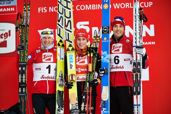 19.01.2014, Seefeld, Austria (AUT): Haavard Klemetsen (NOR), Eric Frenzel (GER), Magnus Moan (NOR), (l-r), (l-r)- FIS world cup nordic combined, individual gundersen HS109/15km, Seefeld (AUT). www.nordicfocus.com. © Felgenhauer/NordicFocus. Every downlo NordicFocus